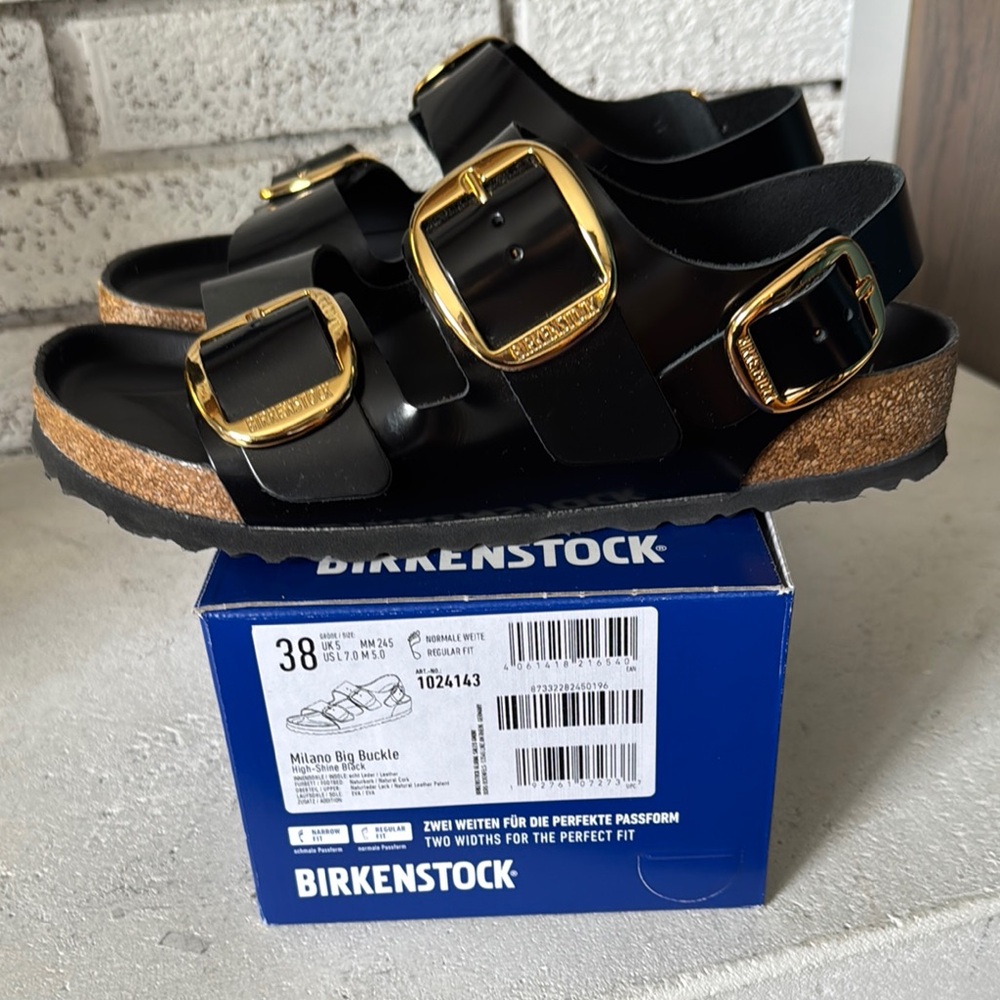 Birkenstock Milano Black Sandals with Gold Accents